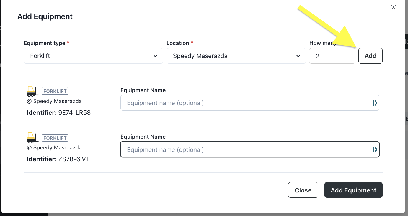 How do I add equipment and generate an equipment inspection checklist?
